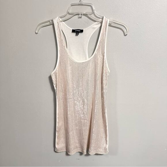Express Tan Sequin Fitted Sleeveless Scoopneck Tank Top Womens Small Monochrome - Picture 1 of 5